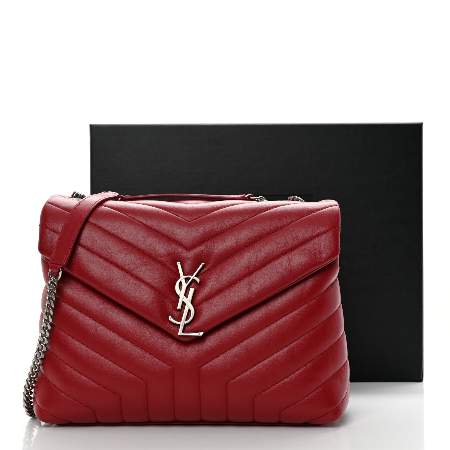 Saint Laurent Calfskin Y Quilted Monogram Medium Loulou Chain Satchel Lipstick Red 11 of 11