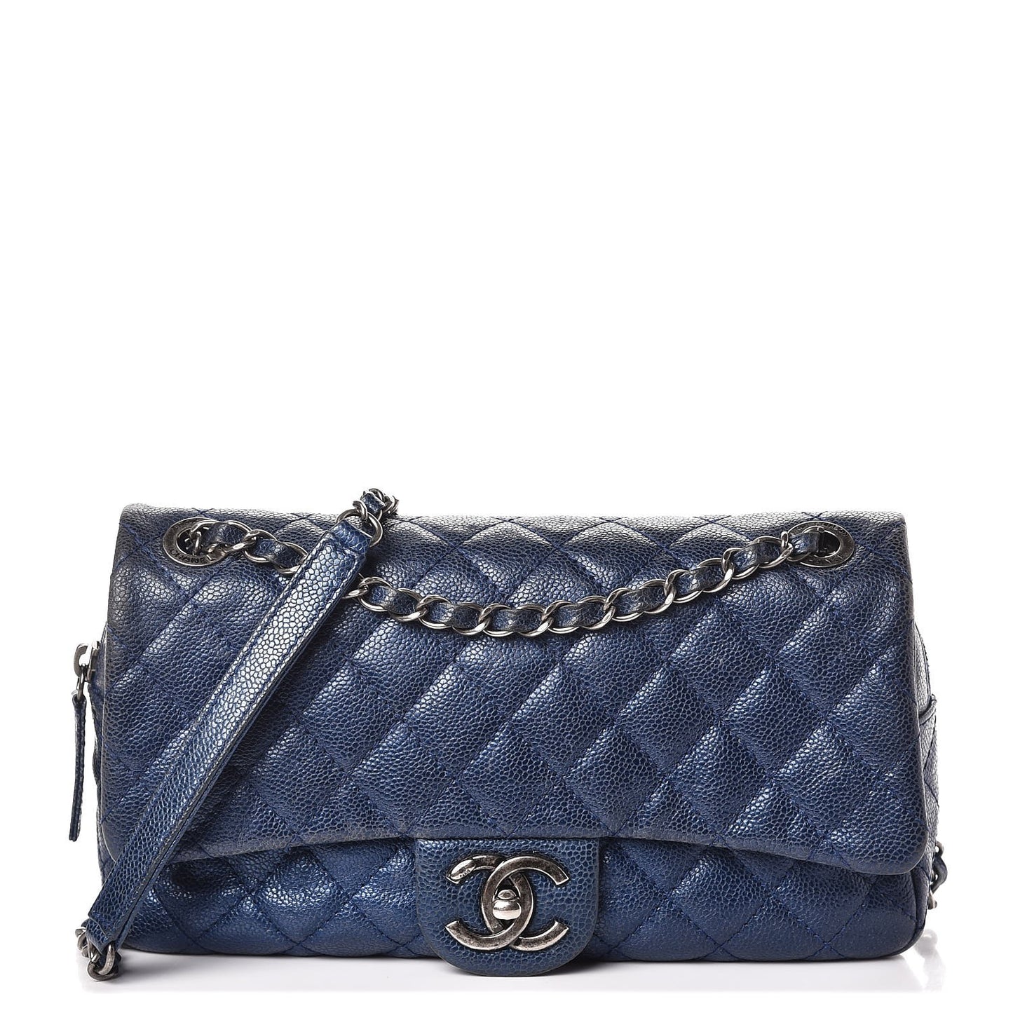 Iridescent Caviar Quilted Small Chic Flap Dark Blue