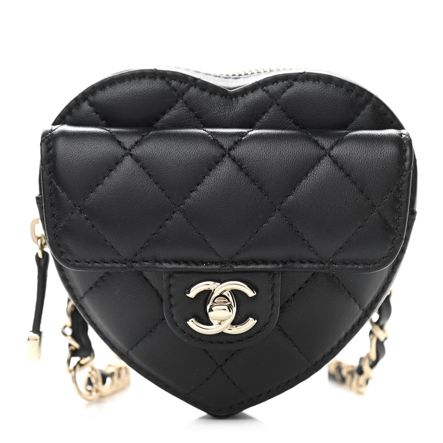 Lambskin Quilted CC In Love Heart Waist Belt Bag With Chain Black