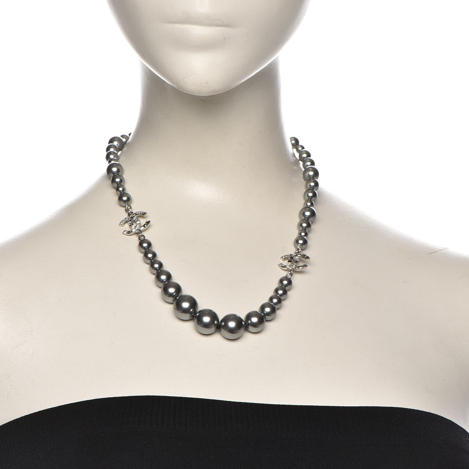 Chanel Crystal Baguette Graduated Pearl CC Short Necklace Silver Grey 3 of 6