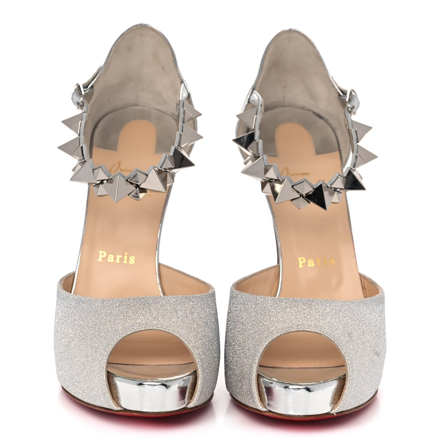 Glitter Calfskin Planisfemme 120 Peep Toe Sandals 39.5 Silver