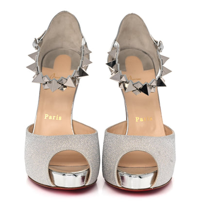 Christian Louboutin Glitter Calfskin Planisfemme 120 Peep Toe Sandals 39.5 Silver 2 of 13