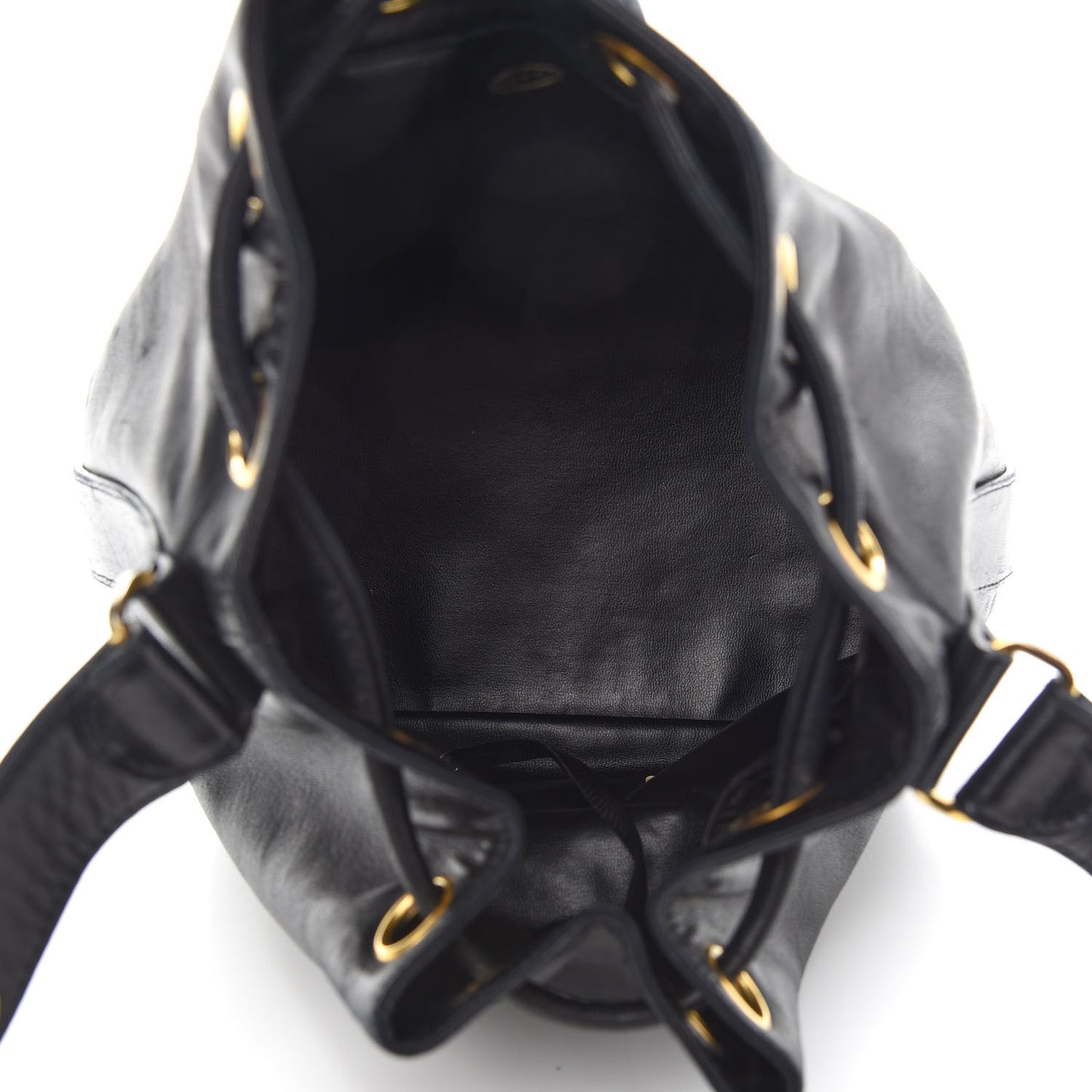 Lambskin CC Stitched Drawstring Bucket Bag Black