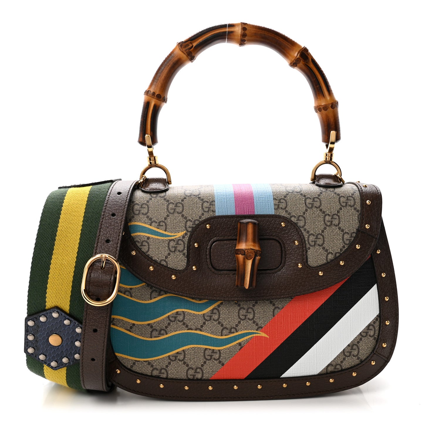 GG Supreme Monogram Studded Calfskin 100 Centennial Geometric Medium Bamboo 1947 Top Handle Bag Beige Ebony Multicolor