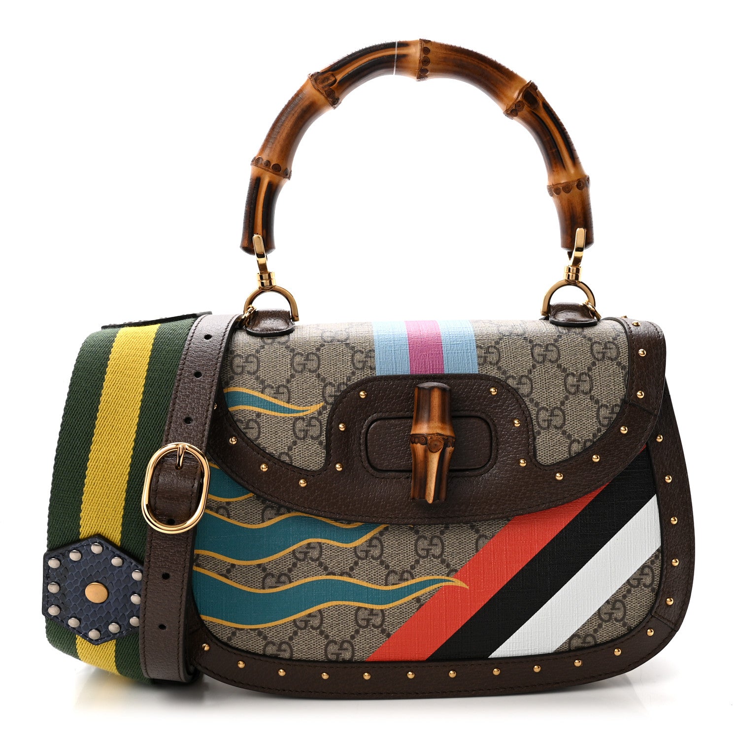 Gucci GG Supreme Monogram Studded Calfskin 100 Centennial Geometric Medium Bamboo 1947 Top Handle Bag Beige Ebony Multicolor 1 of 10