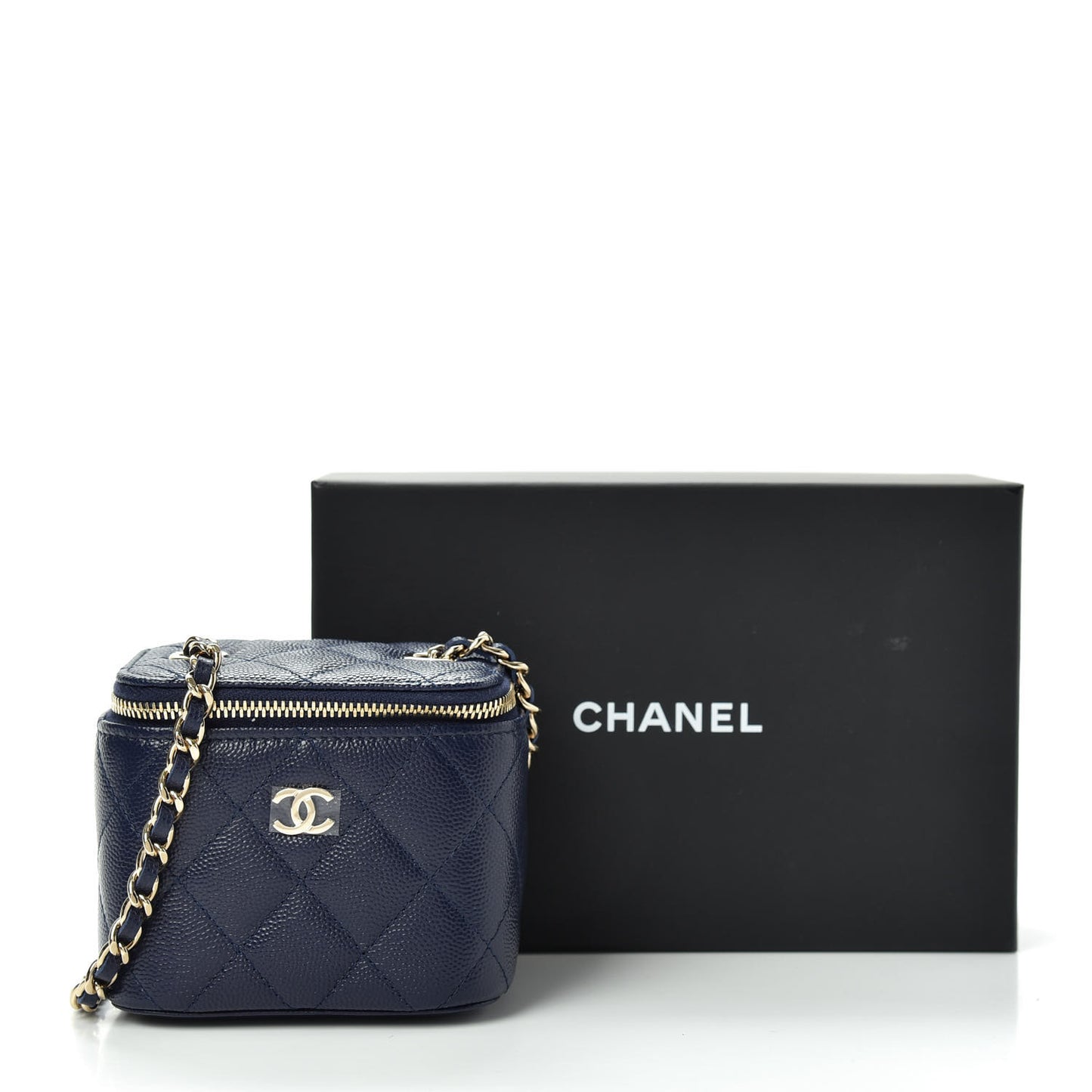 Caviar Quilted Mini Vanity Case With Chain Navy Blue