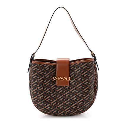 Versace Coated Canvas Calfskin La Greca Signature Shoulder Bag Black Caramel 1 of 9