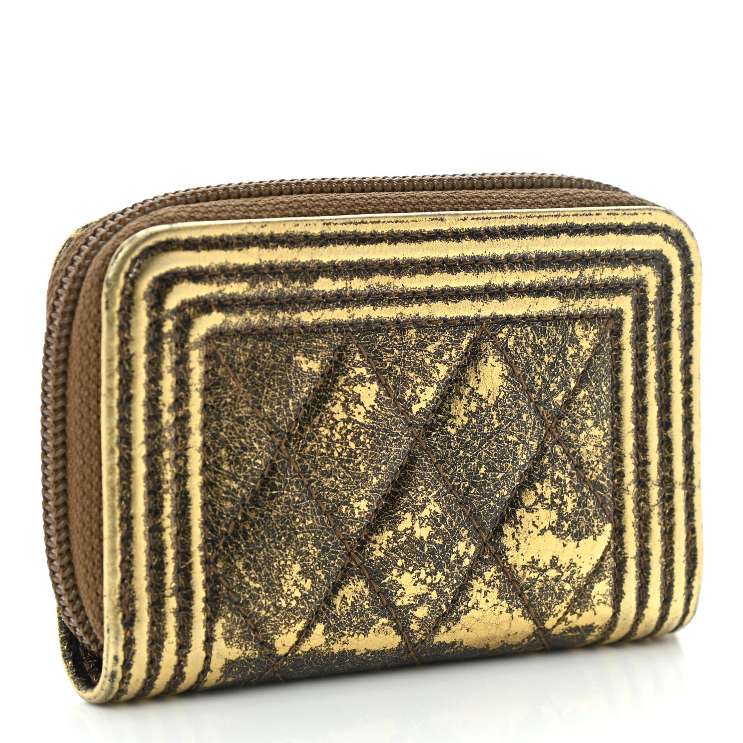 Chanel Cracked Metallic Calfskin Quilted Boy Zip Around Coin Purse Wallet Gold 3 of 10