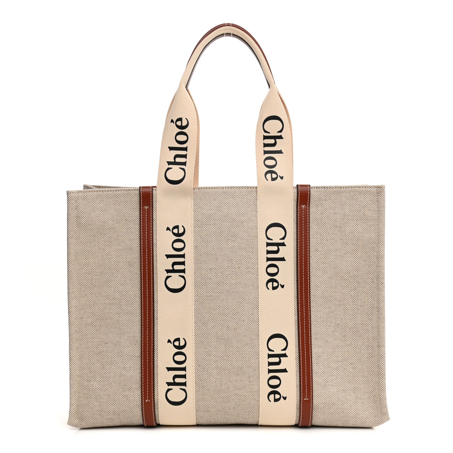 Chloe Cotton Calfskin Large Woody Ribbon Tote White Brown 2 of 15