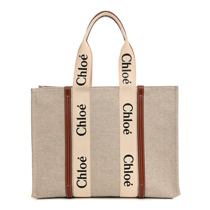 Chloe Cotton Calfskin Large Woody Ribbon Tote White Brown 2 of 15