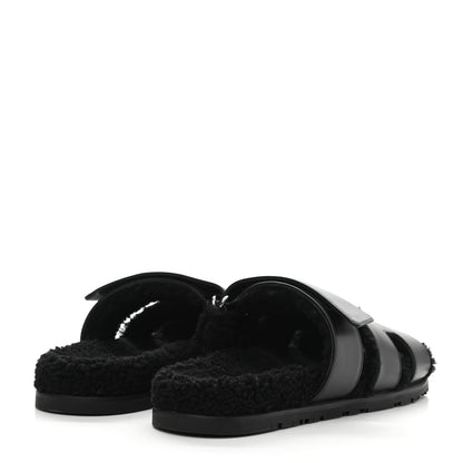 Hermes Calfskin Woolskin Womens Chypre Sandals 39 Black 4 of 8
