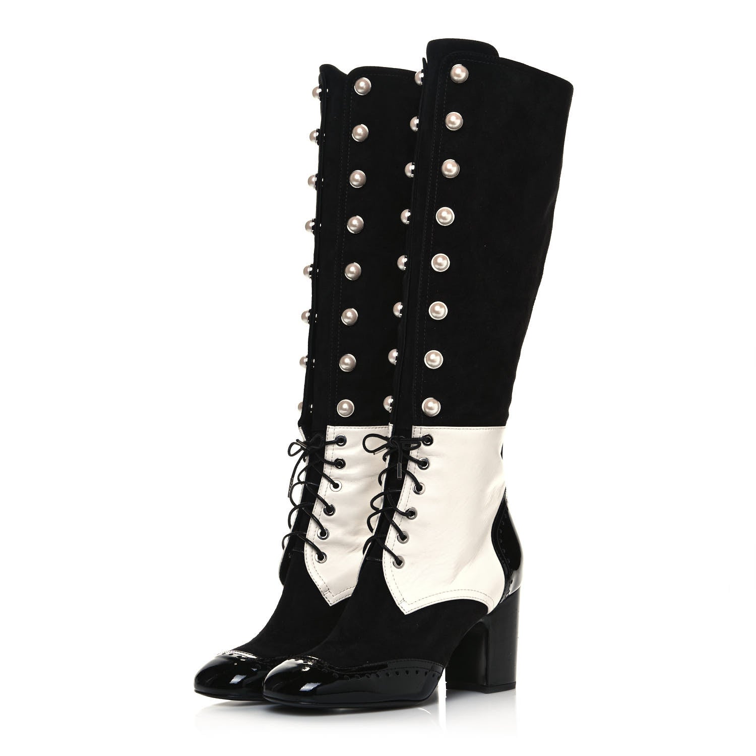 Chanel Kid Suede Lambskin Patent Calfskin Pearl Lace Up High Boots 38.5 Black Ecru 3 of 8