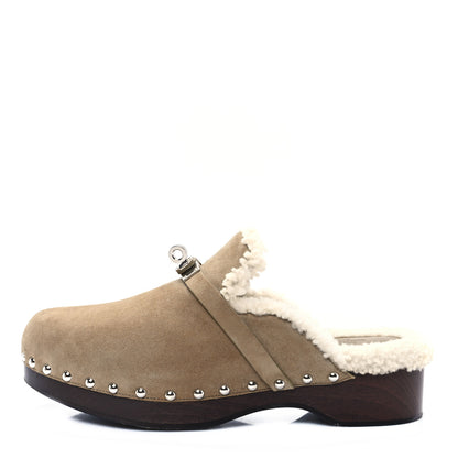 Hermes Suede Goatskin Woolskin Carlotta Mules 38 Beige Gobi 1 of 10