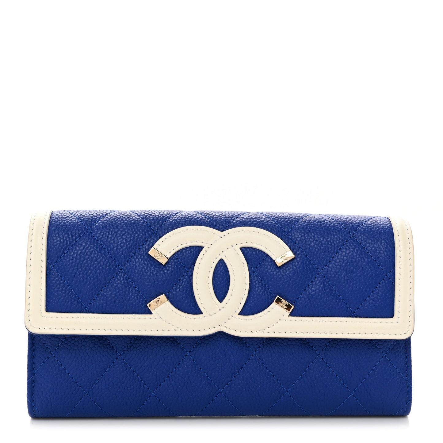 Caviar Quilted Filigree Large Gusset Flap Wallet Blue White Red