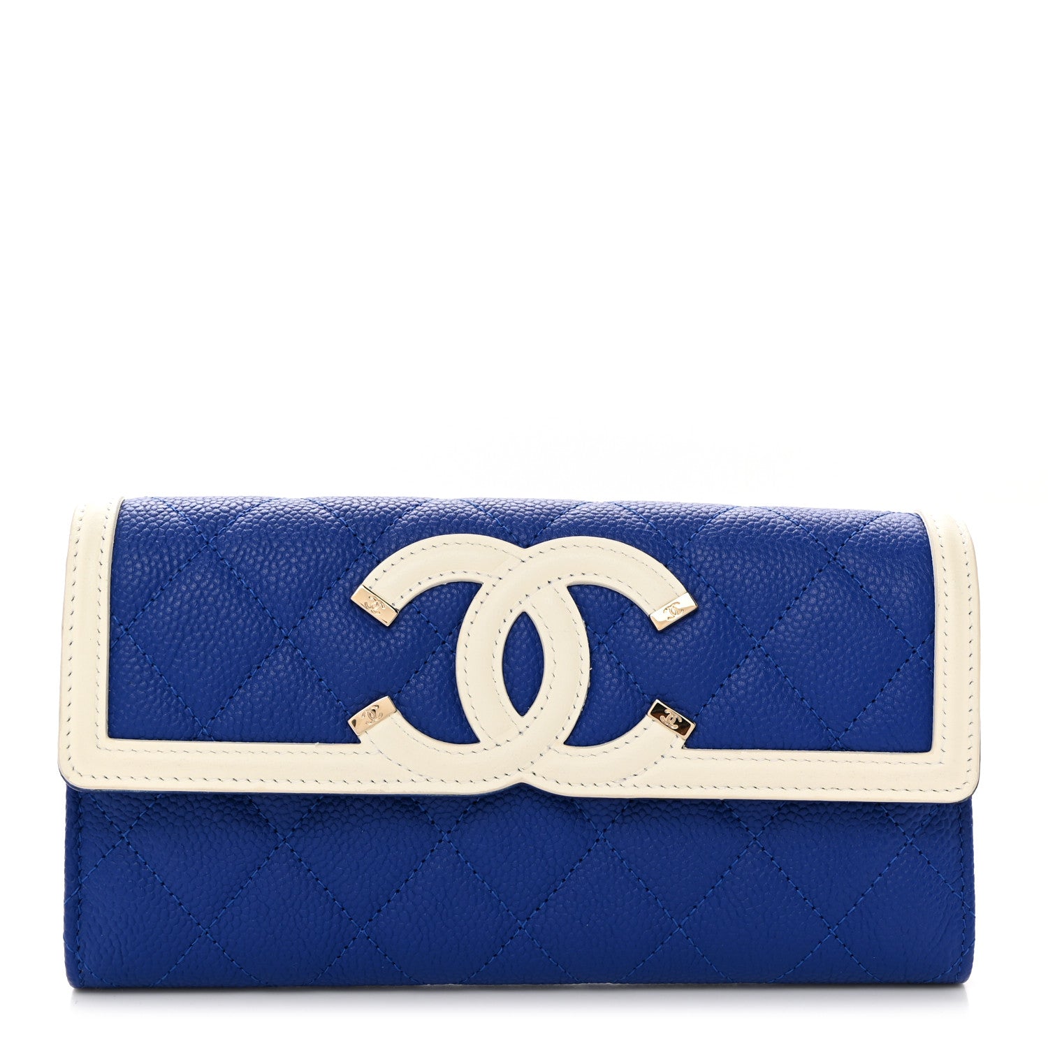 Chanel Caviar Quilted Filigree Large Gusset Flap Wallet Blue White Red 1 of 9