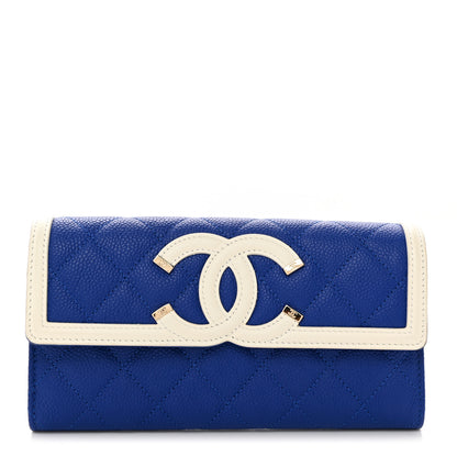 Chanel Caviar Quilted Filigree Large Gusset Flap Wallet Blue White Red 1 of 9
