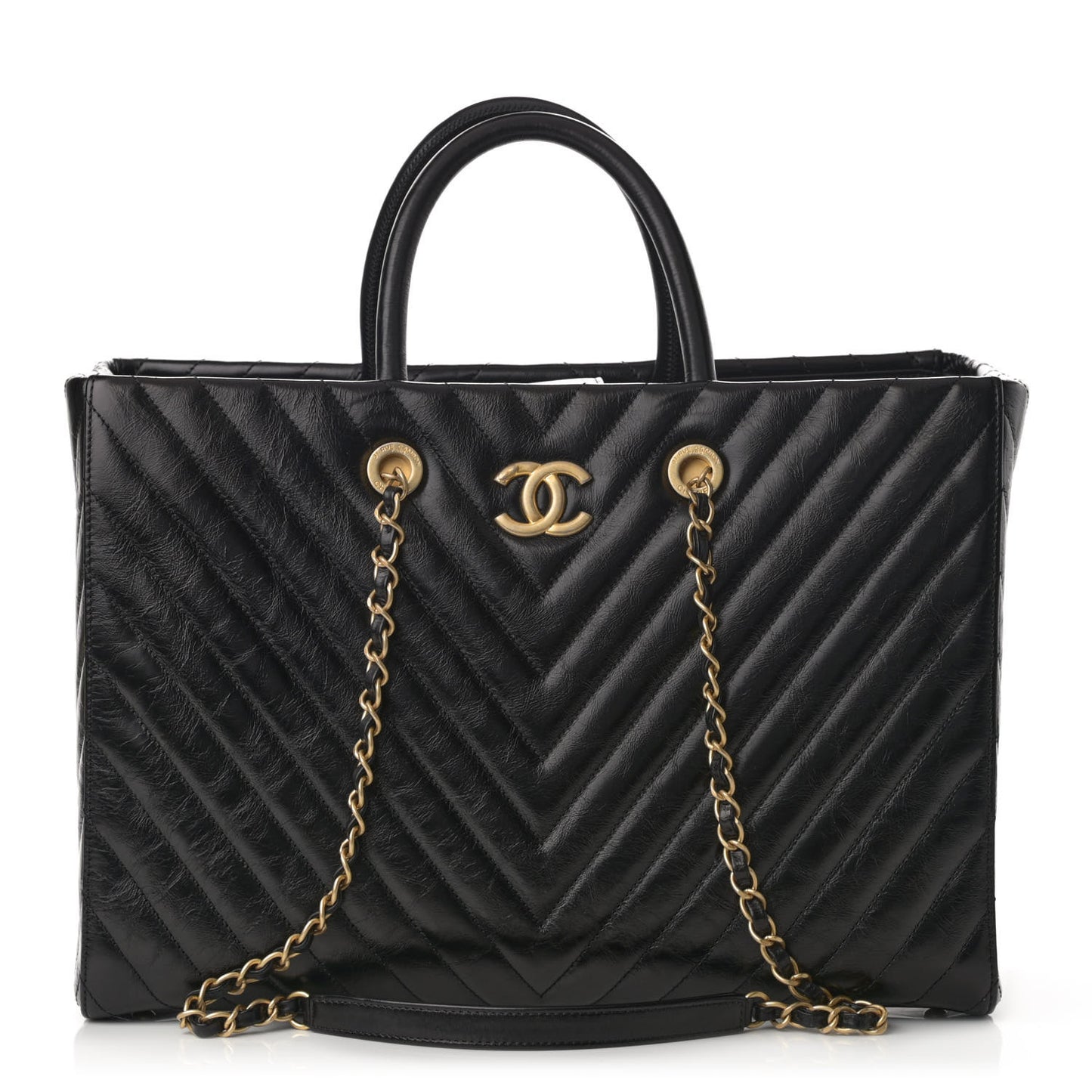 Aged Calfskin Chevron Large Coco Handle Shopping Tote Black