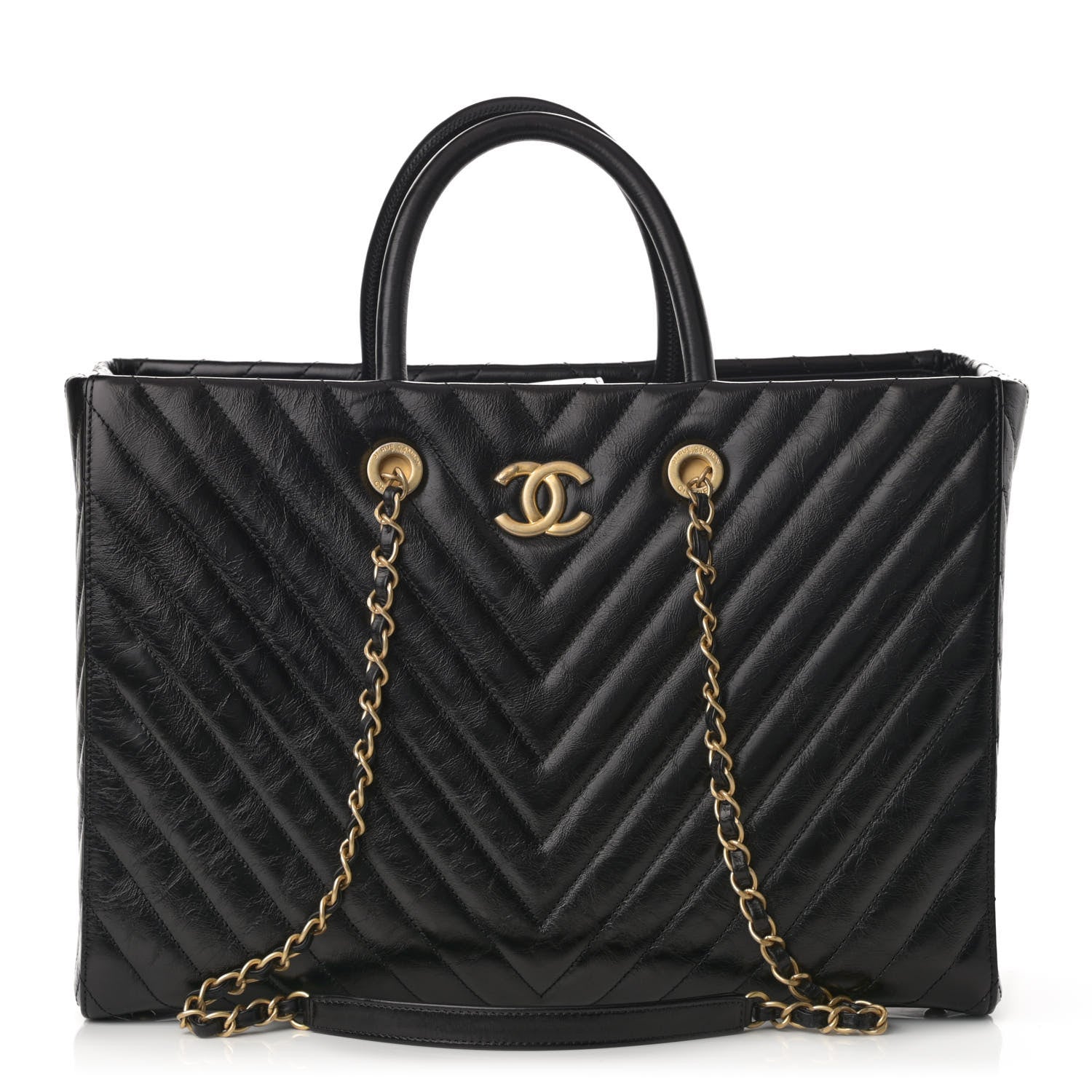 Chanel Aged Calfskin Chevron Large Coco Handle Shopping Tote Black 1 of 11