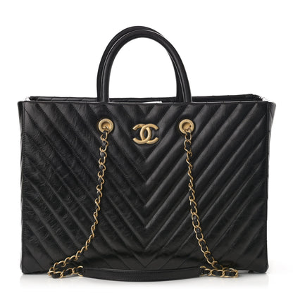 Chanel Aged Calfskin Chevron Large Coco Handle Shopping Tote Black 1 of 11