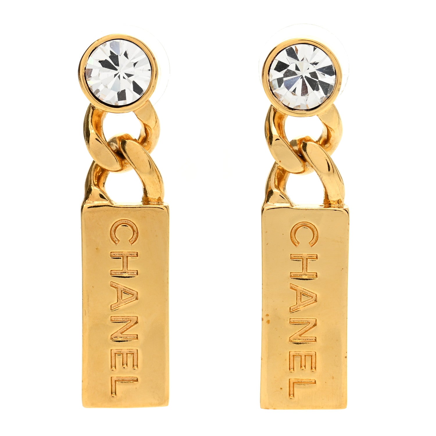 Chanel Crystal Tag Drop Earrings Gold 1 of 4