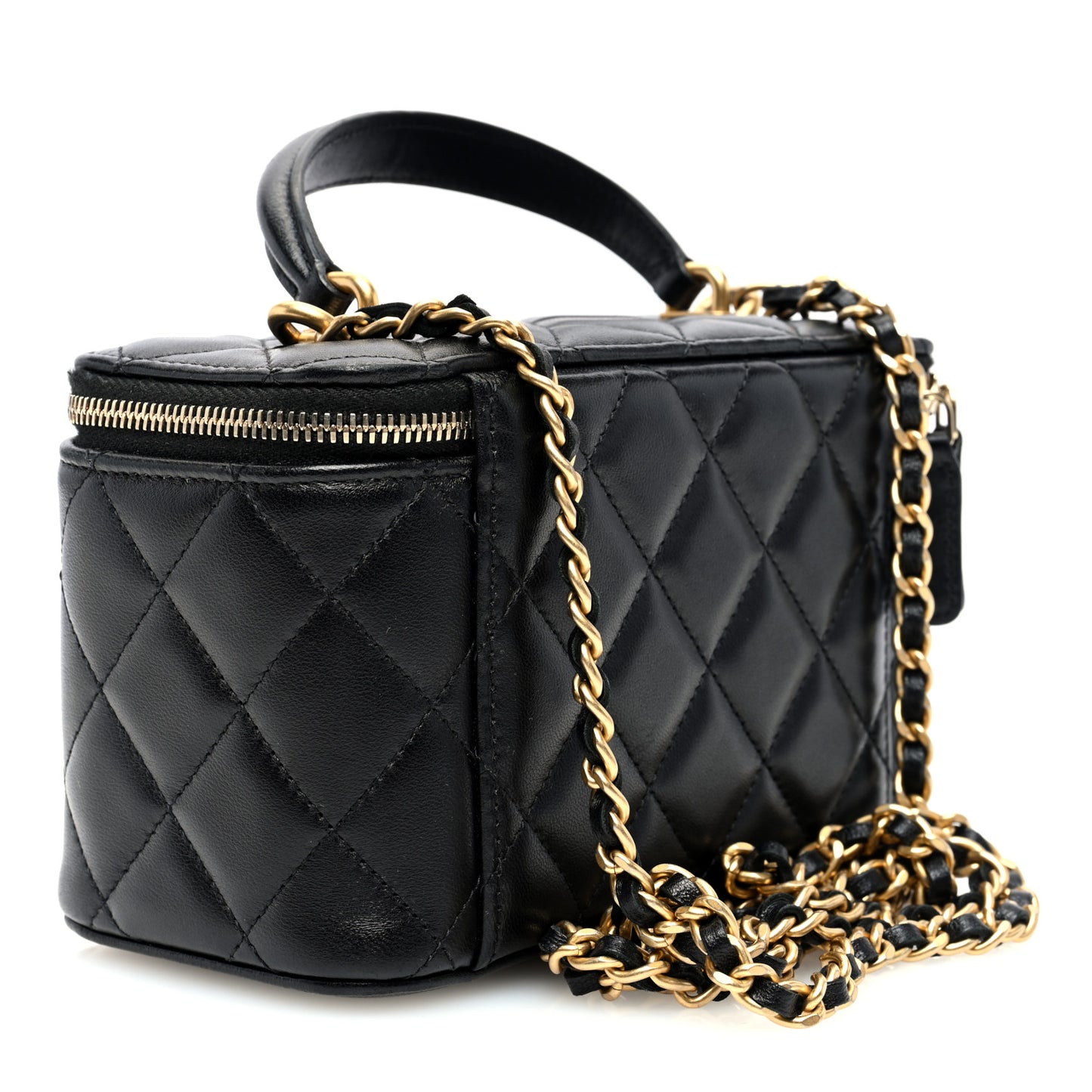 Lambskin Quilted Small Top Handle Vanity Case With Chain Black