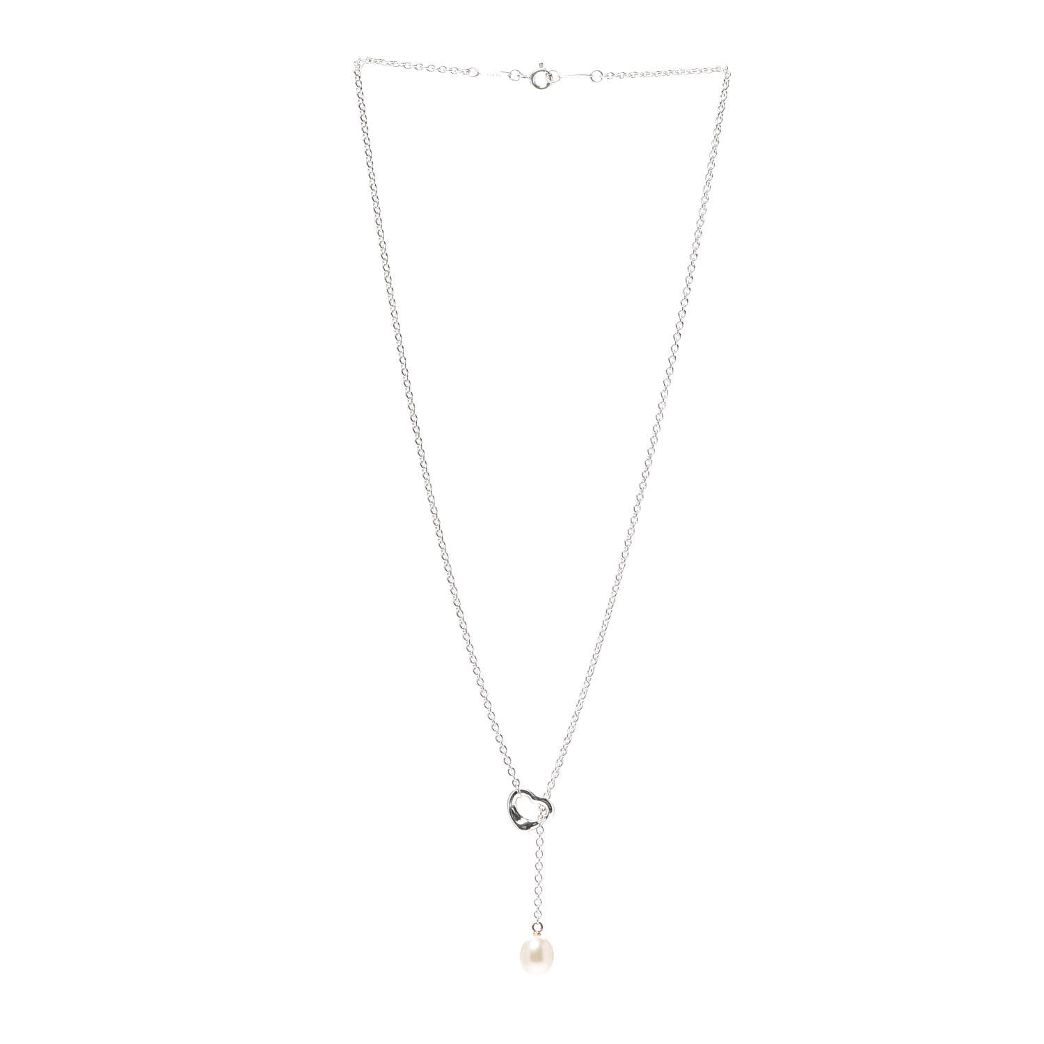 Tiffany Sterling Silver Pearl 7.5-8mm Elsa Peretti Open Heart Lariat Necklace 3 of 5