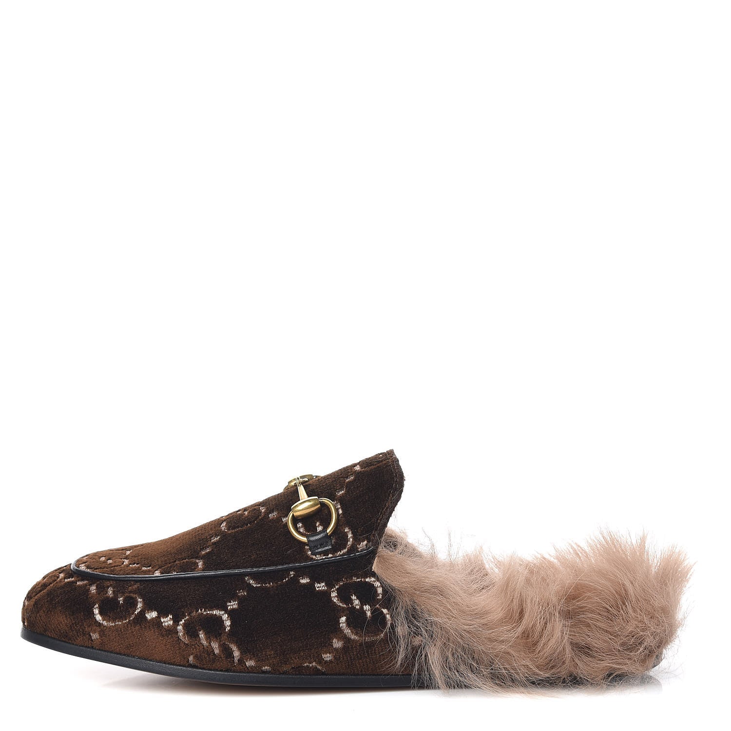 Gucci Velvet GG Monogram Fur Womens Princetown Slippers 35.5 Brown Black Natural 1 of 8