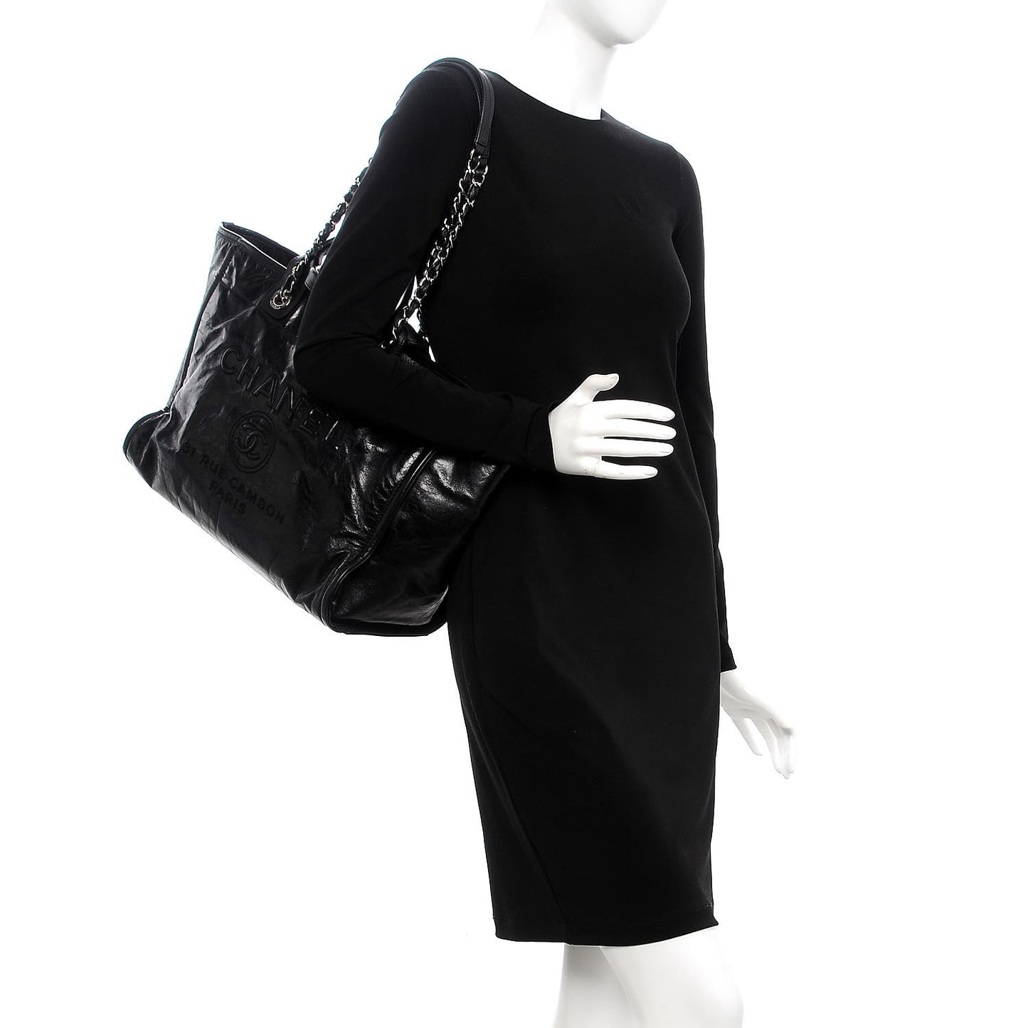 Glazed Calfskin Large Deauville Tote Black