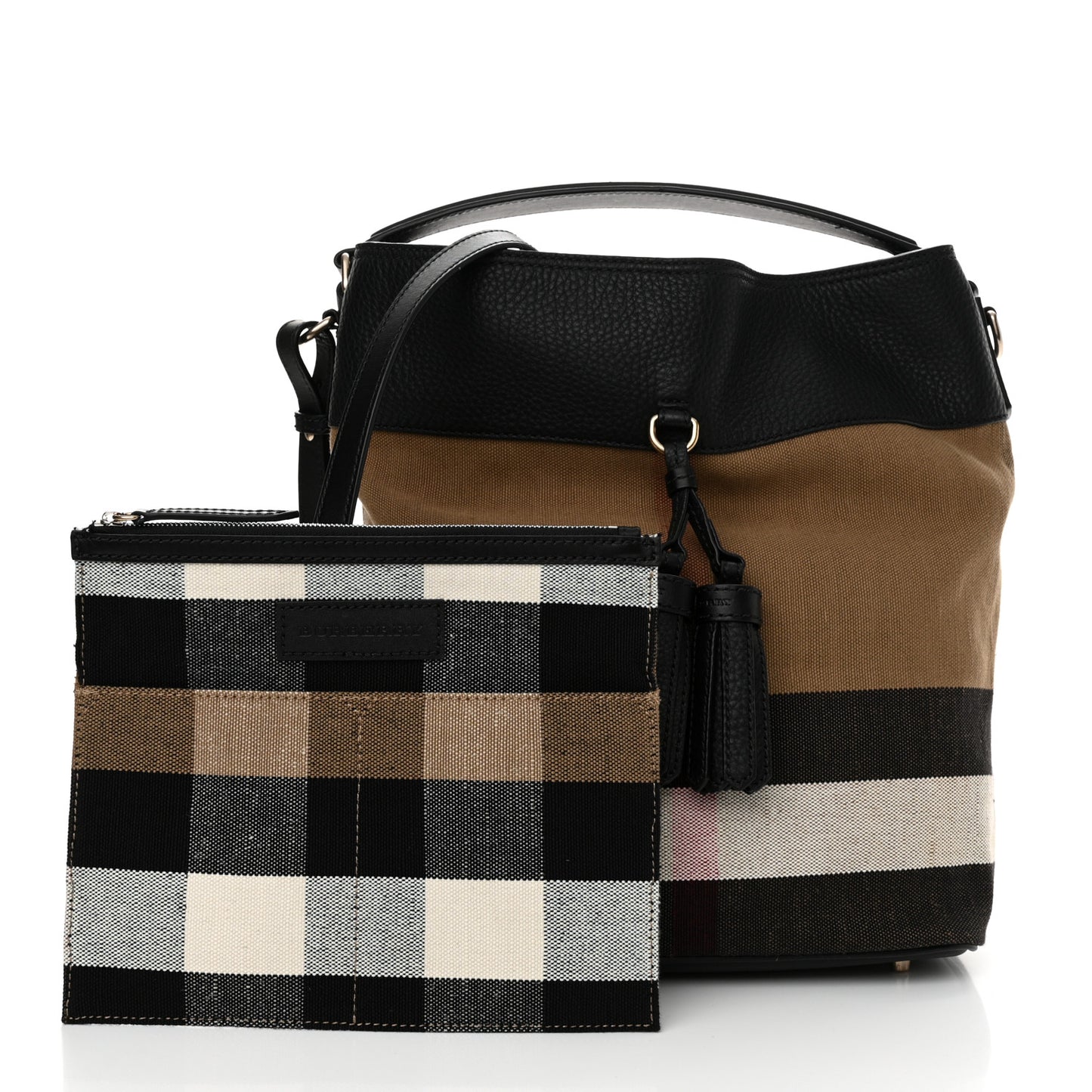 Grainy Calfskin Canvas Mega Check Medium Ashby Tassel Hobo Black