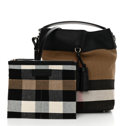 Burberry Grainy Calfskin Canvas Mega Check Medium Ashby Tassel Hobo Black 3 of 13