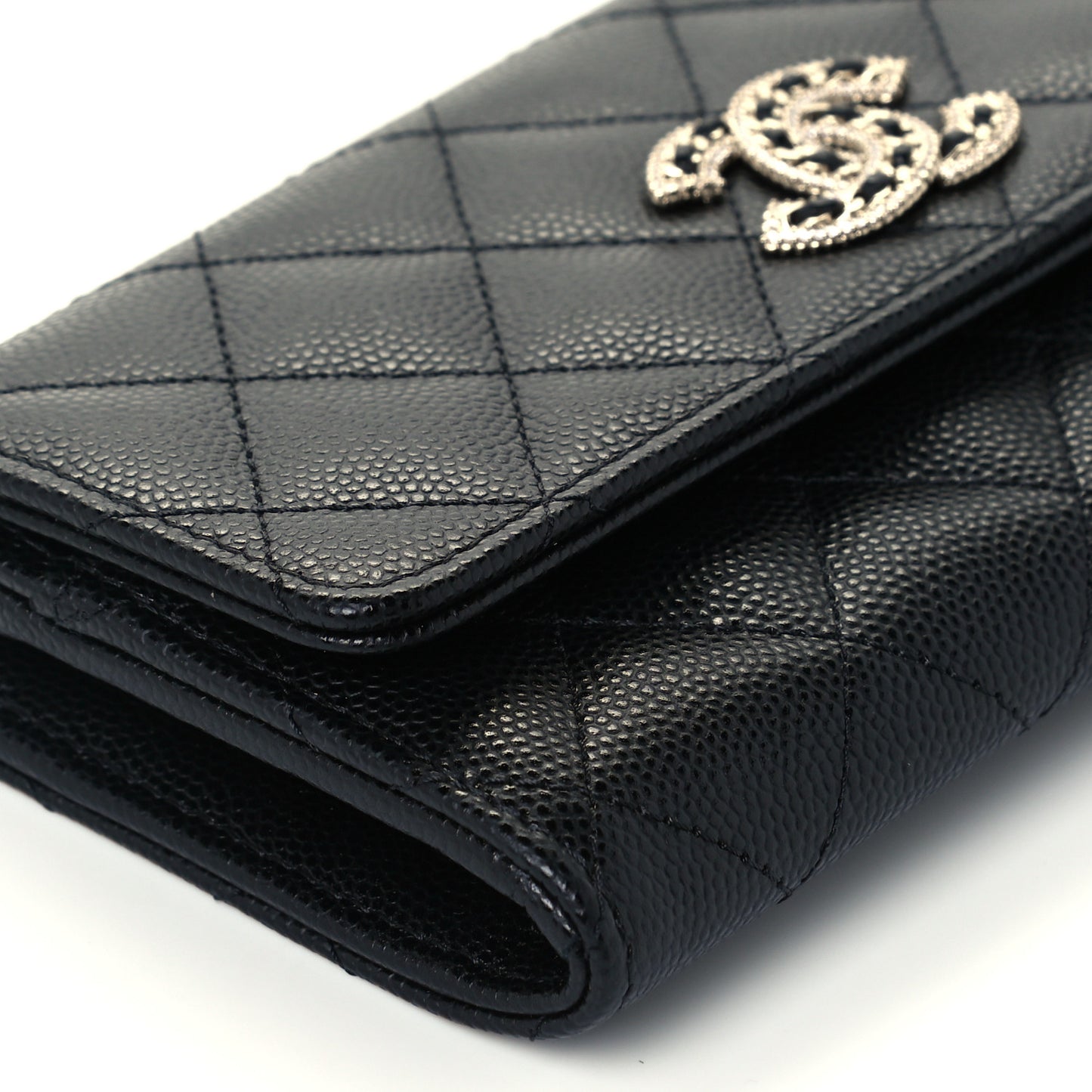 Caviar Quilted Crystal CC Large Gusset Flap Wallet Black