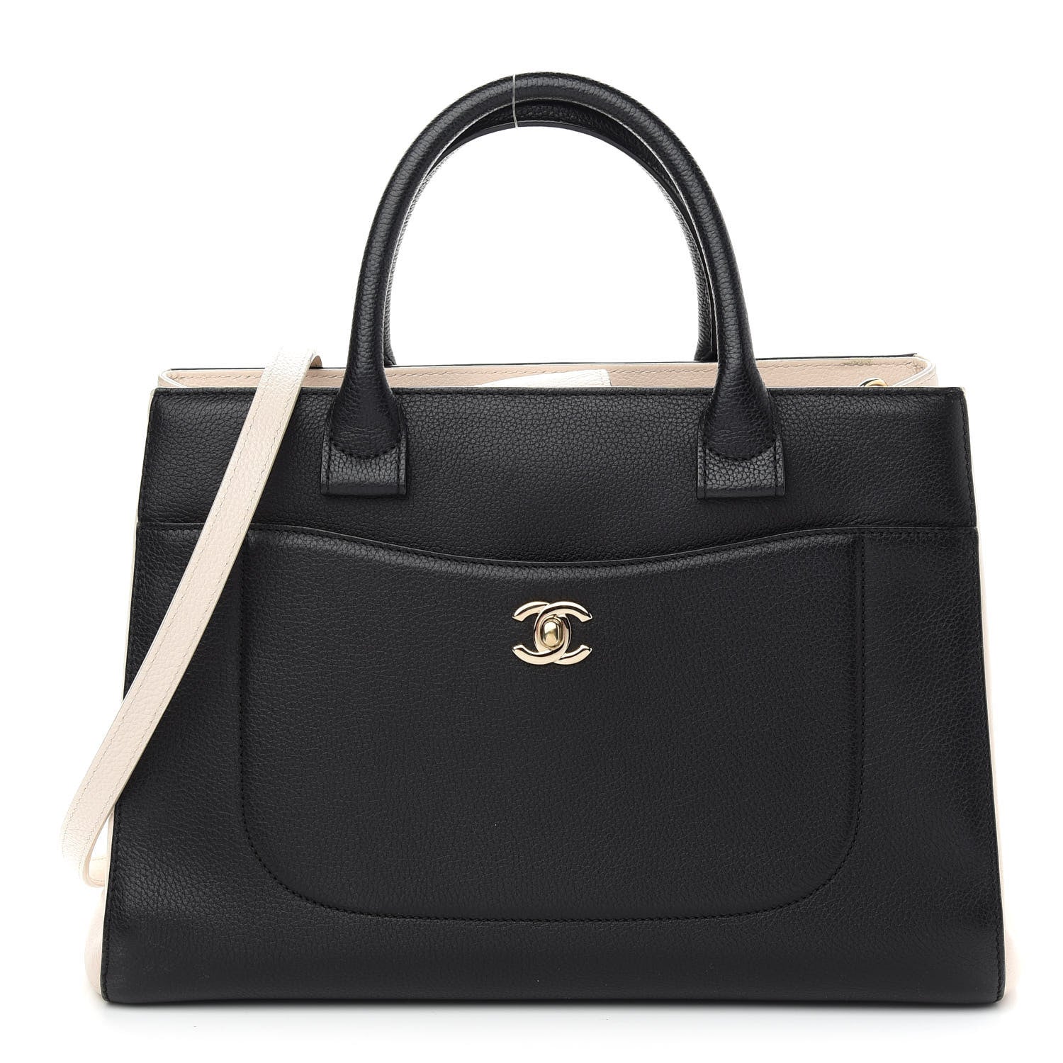 Chanel Grained Calfskin Small Bi-Color Neo Executive Shopper Tote Black Beige 1 of 9