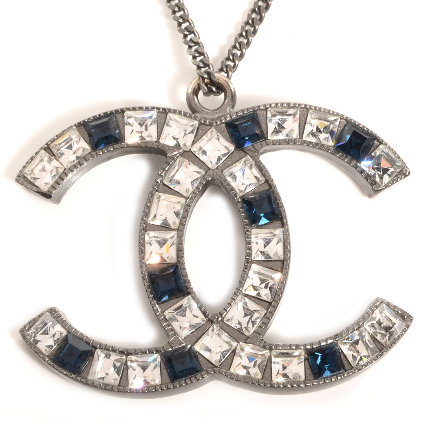 Chanel Crystal Large CC Necklace Silver Blue 4 of 5