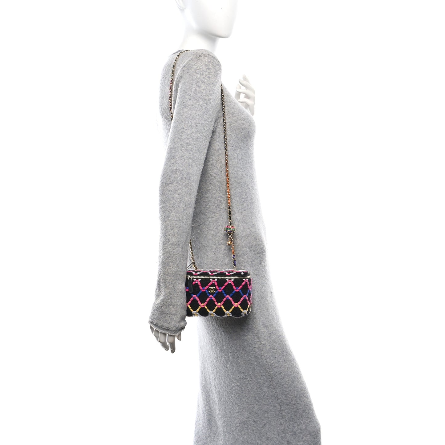 Tweed Diamond Threaded CC Pearl Crush Small Vanity Case With Chain Black Multicolor