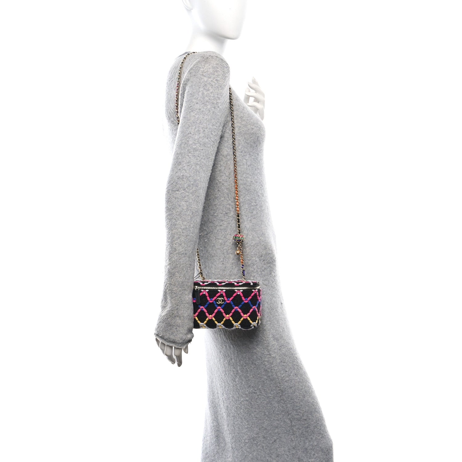 Chanel Tweed Diamond Threaded CC Pearl Crush Small Vanity Case With Chain Black Multicolor 2 of 12