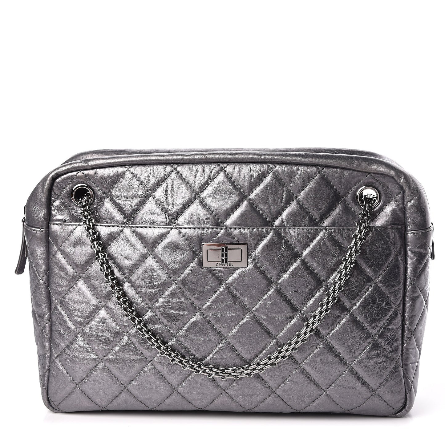 Metallic Aged Calfskin Quilted Large Reissue Camera Case Silver