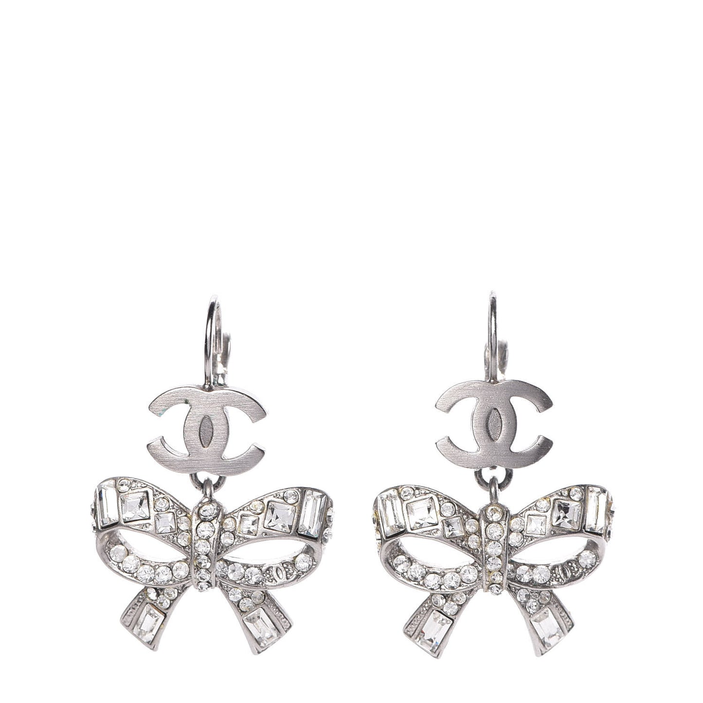 Crystal CC Bow Dangle Earrings Silver