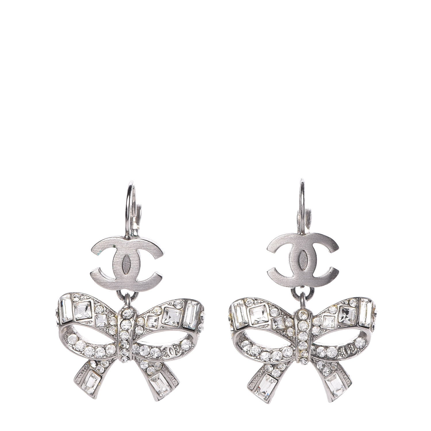 Chanel Crystal CC Bow Dangle Earrings Silver 1 of 4