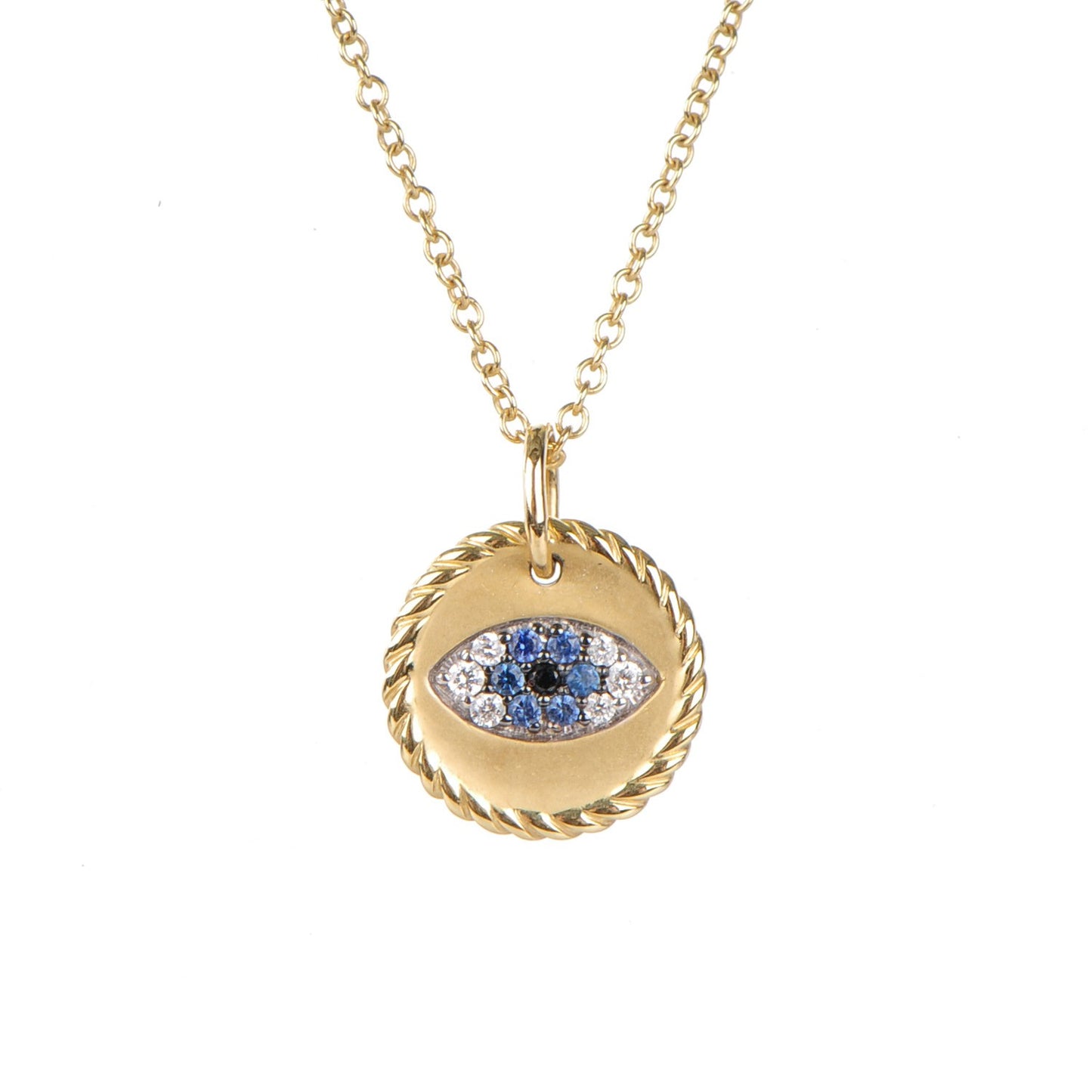 18K Yellow Gold Blue Sapphire Diamond Evil Eye Necklace