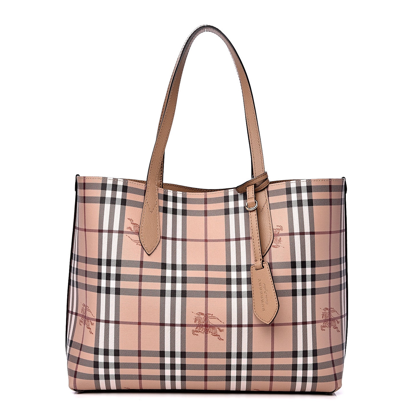 Grainy Calfskin Haymarket Check Medium Reversible Tote Mid Camel