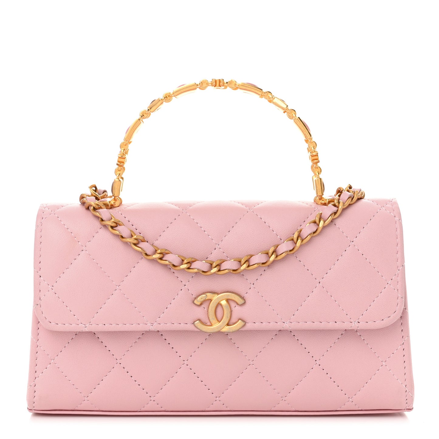 Lambskin Enamel Quilted Top Handle Flap Phone Holder With Chain Pink