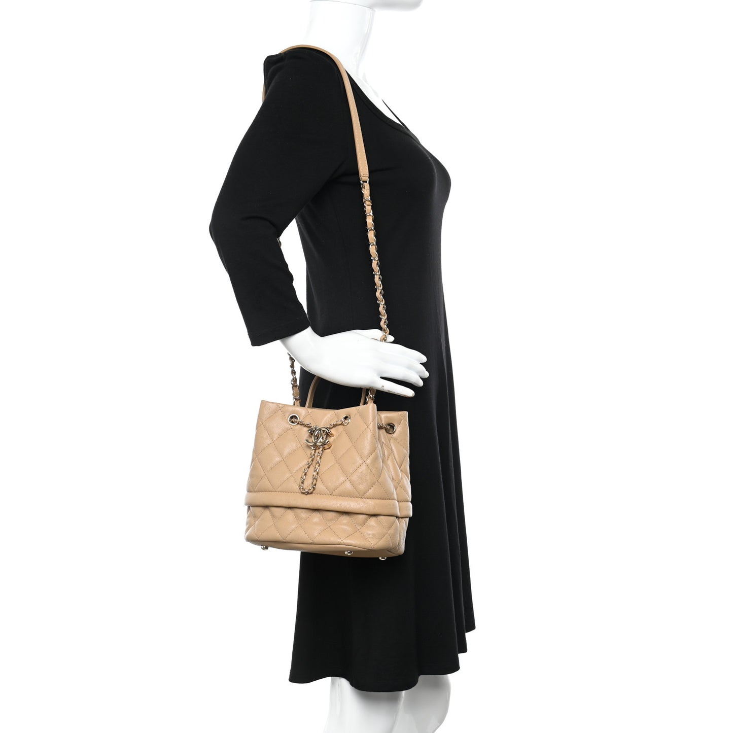 Caviar Quilted Rolled Up Bucket Drawstring Bag Beige