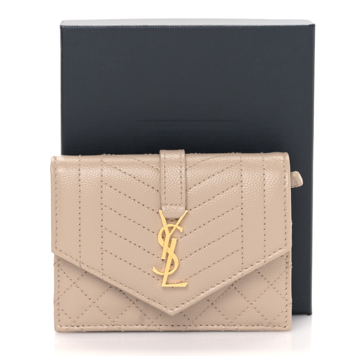 Saint Laurent Grain De Poudre Textured Mixed Matelasse Triquilt Small Monogram Envelope Wallet Dark Beige 9 of 9
