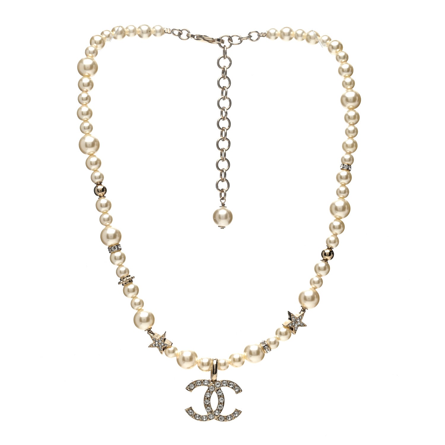 Chanel Metal Crystal Pearl CC Star Short Pendant Necklace Gold 3 of 6