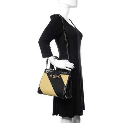 Gucci Smooth Calfskin Diagonal Striped Small Zumi Top Handle Bag Black Beige 2 of 10
