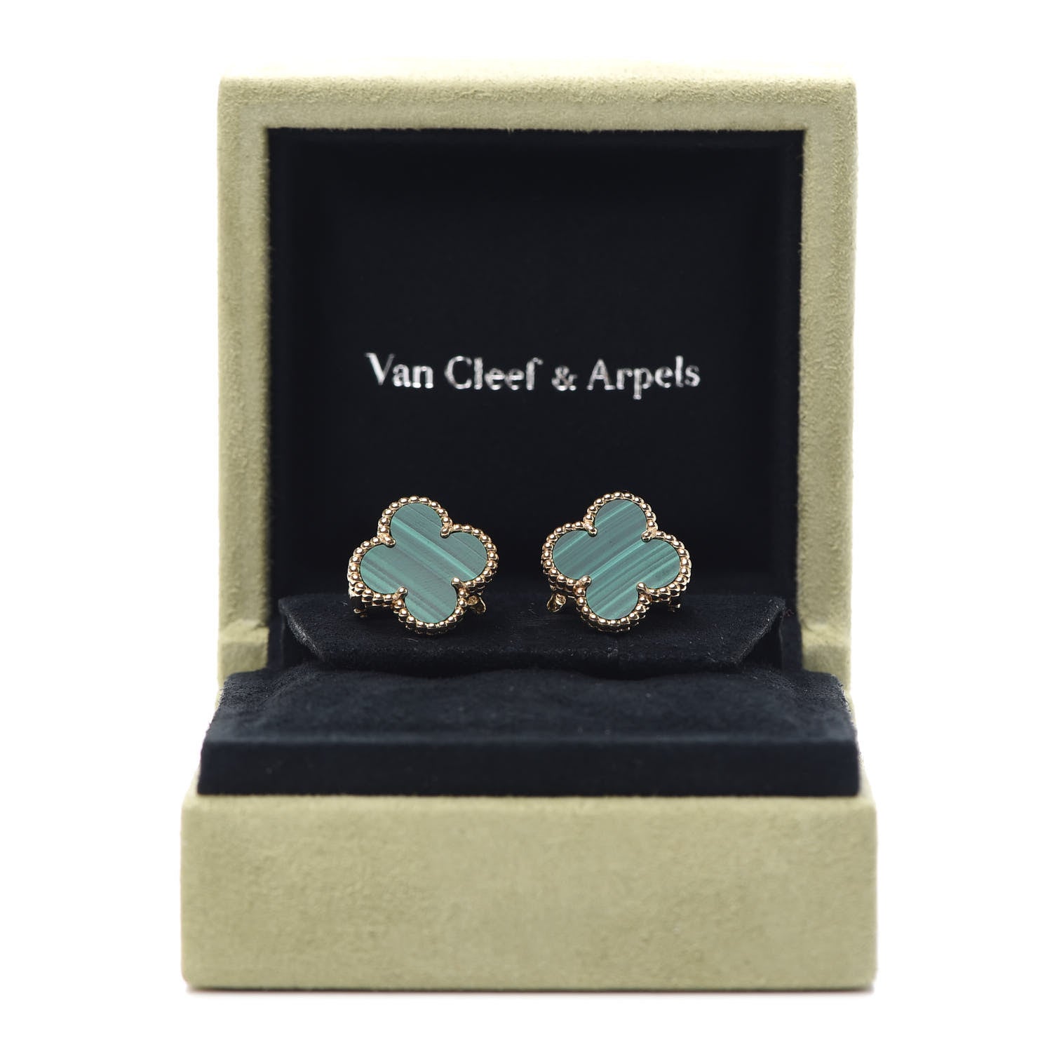 Van Cleef & Arpels 18K Yellow Gold Malachite Vintage Alhambra Earrings 6 of 6