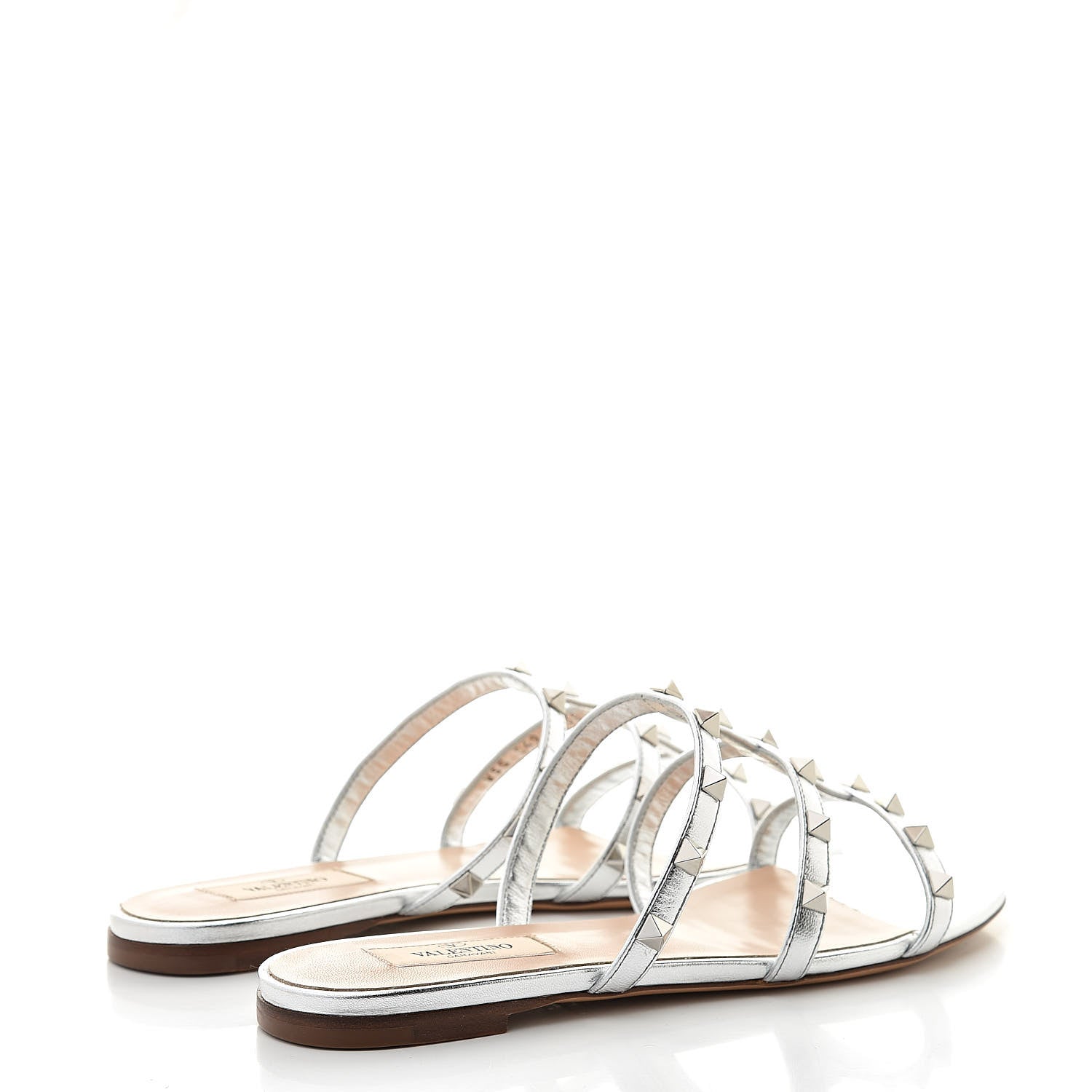 Valentino Garavani Metallic Nappa Rockstud Caged Flat Slide Sandals 38 Silver 4 of 9