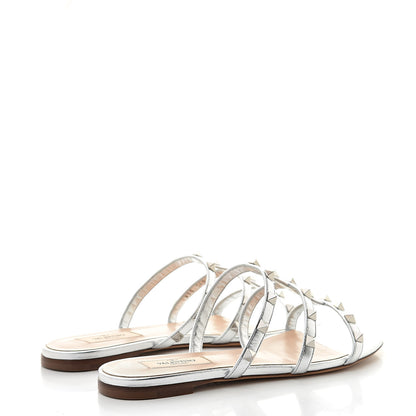 Valentino Garavani Metallic Nappa Rockstud Caged Flat Slide Sandals 38 Silver 4 of 9