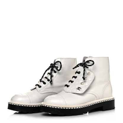 Chanel Crackled Calfskin Pearl Chain CC Combat Short Boots 36.5 White 3 of 9