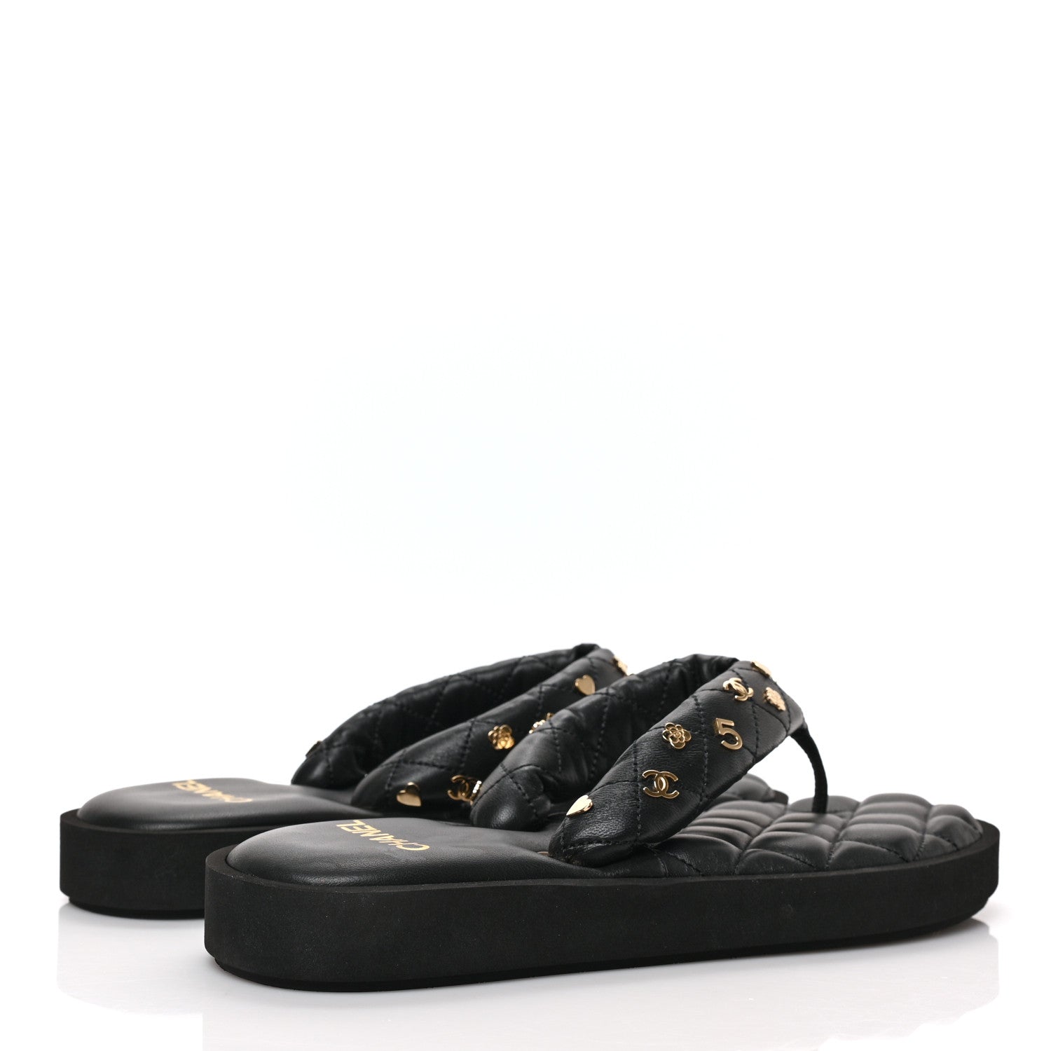 Chanel Lambskin Quilted Padded Charms Thong Sandals 39.5 Black 4 of 8